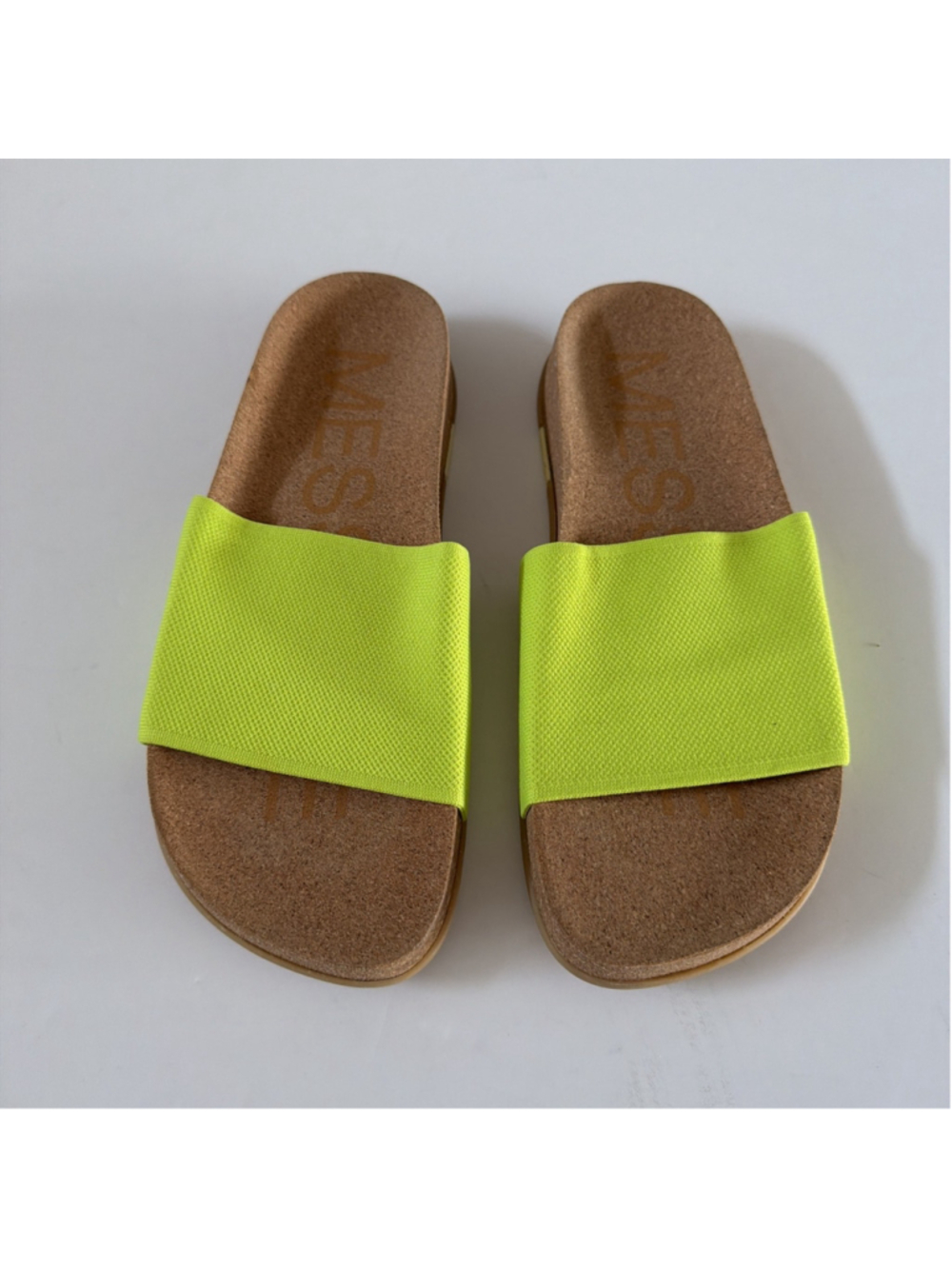 Message Slide Sandals Women 8.5 Neon Green Cork Footbed Minimalist Resort